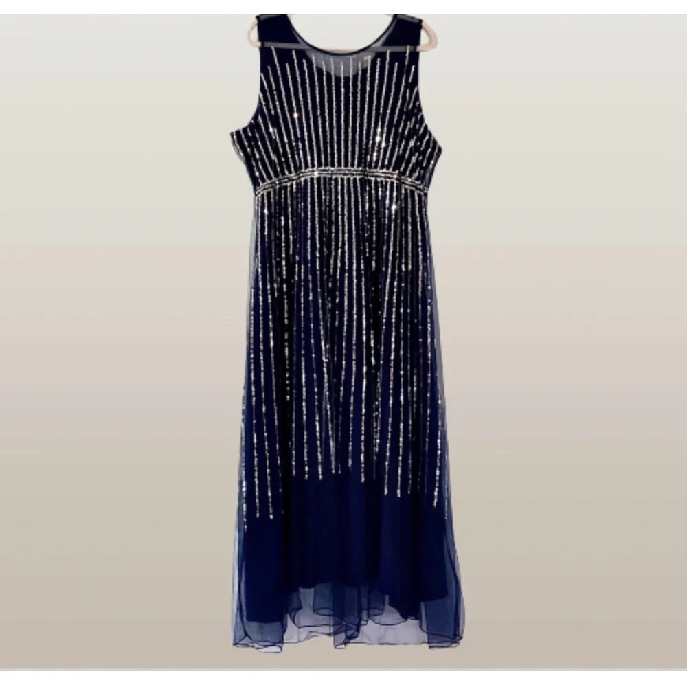 Navy Blue Sequin High-Low Prom Dress โ Elegant A-Line Evening Gown, V-Neck Gown - Picture 3 of 4